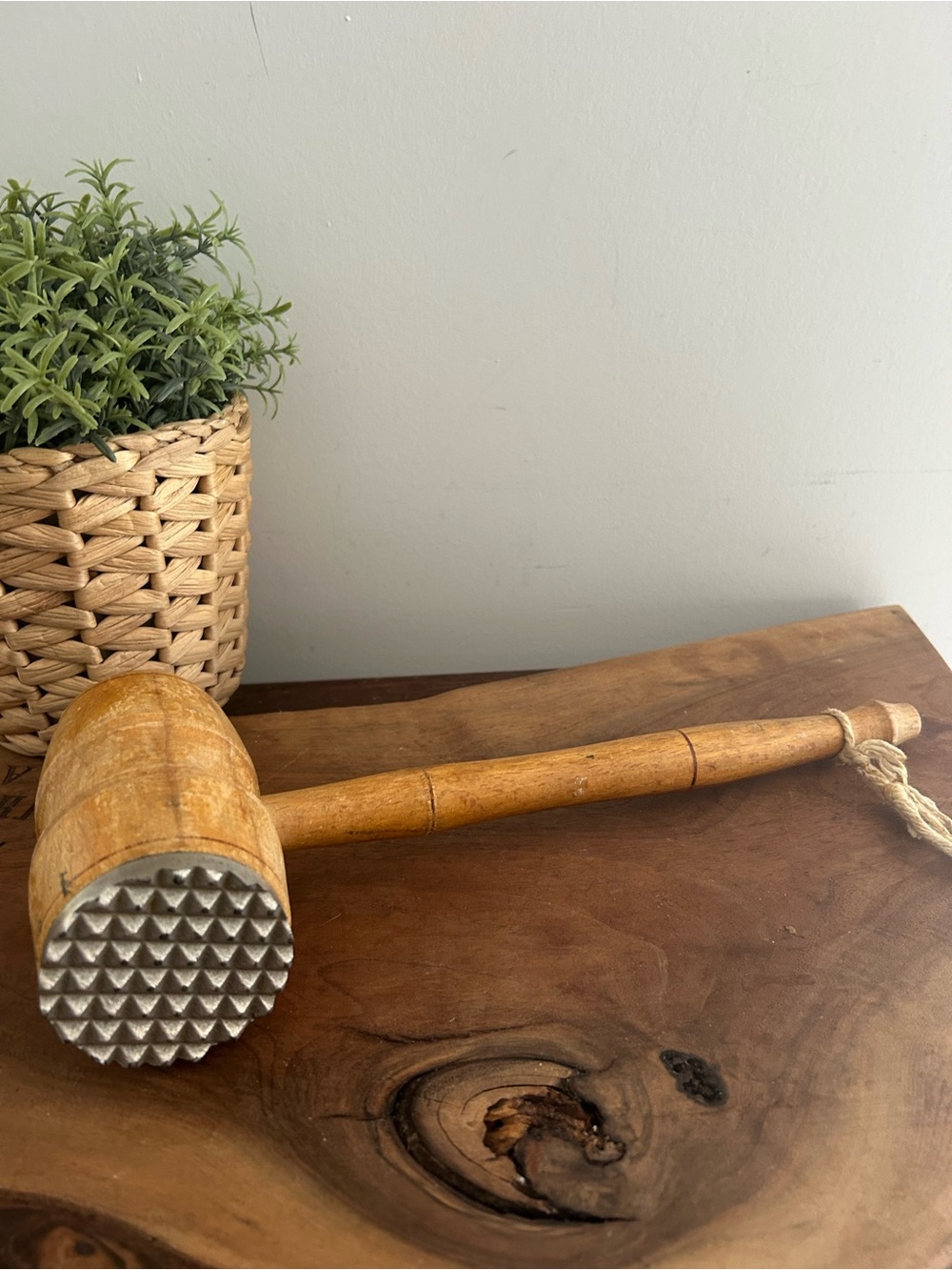 Vintage Farmhouse Primitive Natural Wood Mallet Kitchen Meat Tenderizer 12"